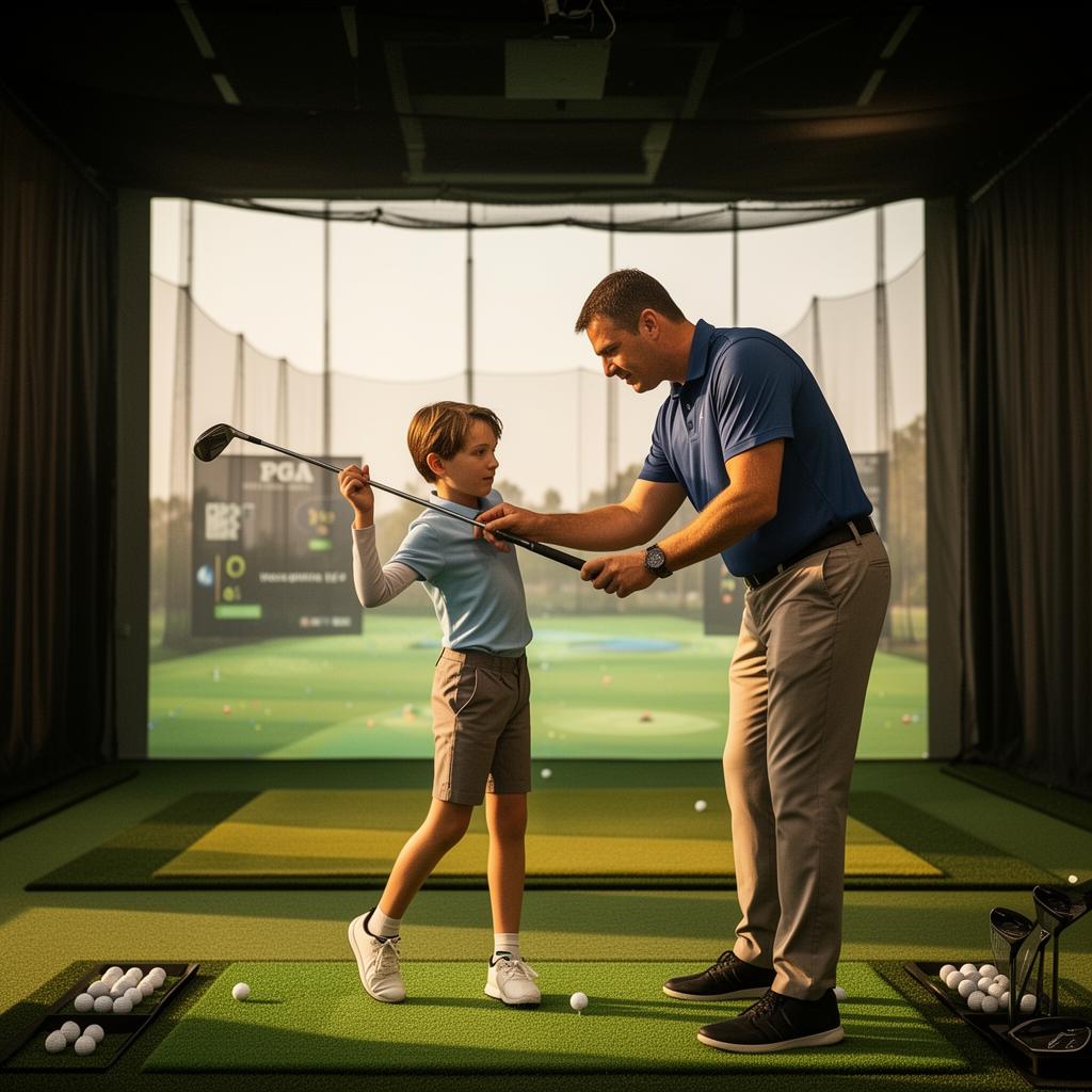 PGA coach teaching junior golfer swing mechanics